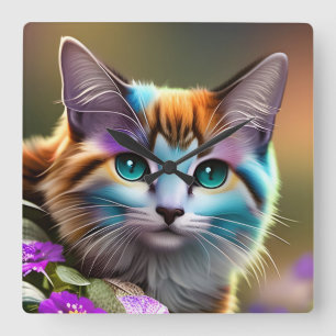 blue and rust calico cat and flowers square wall clock