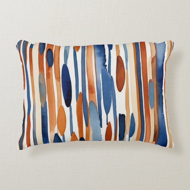 Blue and rusty orange abstract stripes decorative cushion (Front)