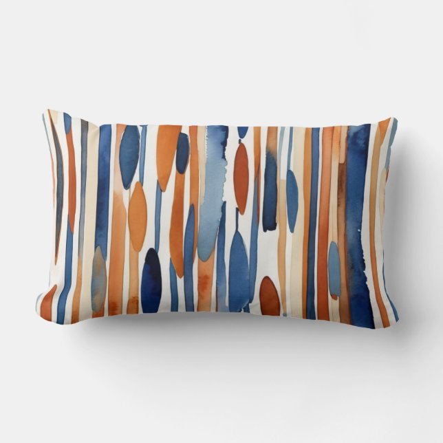 Blue and rusty orange abstract stripes lumbar cushion (Front)