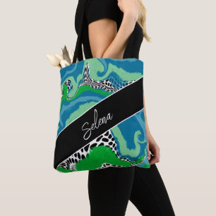 Blue and Sage Green Fluid Art Personalised Tote Bag