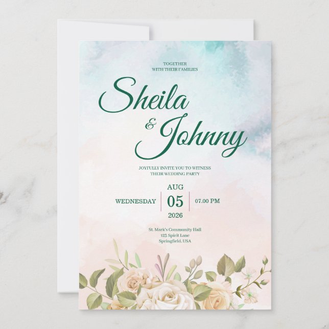 Blue and Salmon Pastel Elegance Wedding Invitation (Back)