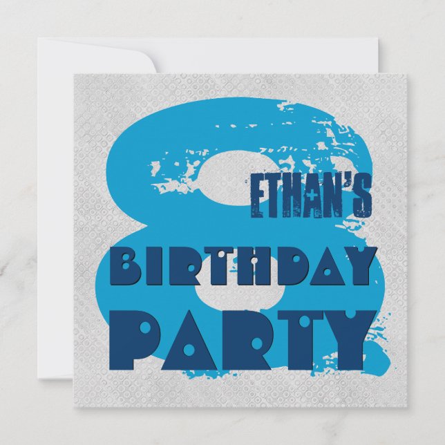 BLUE and SILVER 8th Birthday Party 8 Year Old V11G Invitation (Front)