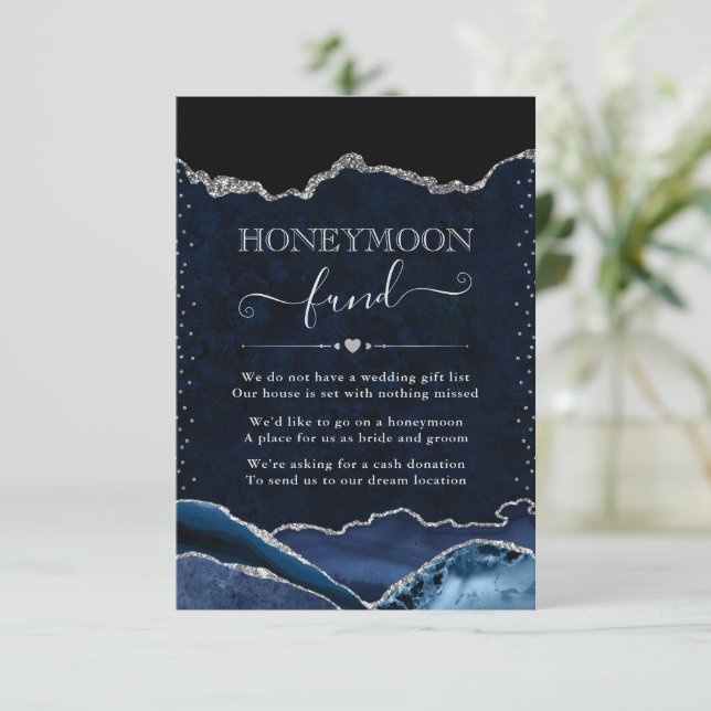 Blue and Silver Agate Wedding Honeymoon Fund Enclosure Card (Standing Front)