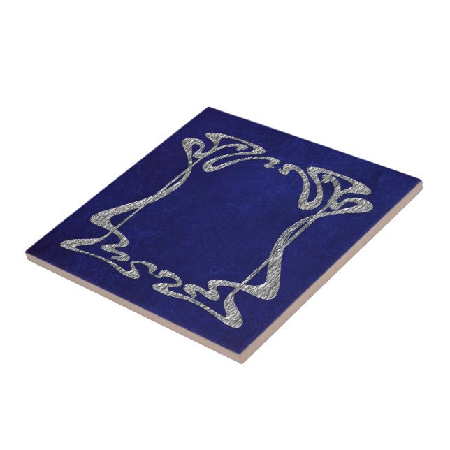 Blue and Silver Art Nouveau Style Ceramic Tile (Side)