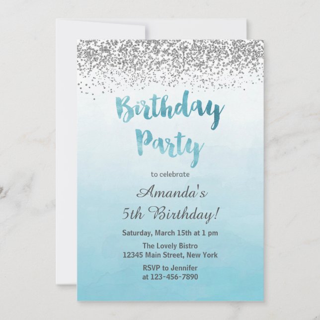 Blue and Silver Birthday Invitation (Front)