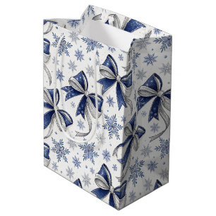 Blue and Silver Bows Ribbons Snowflakes Holiday Medium Gift Bag