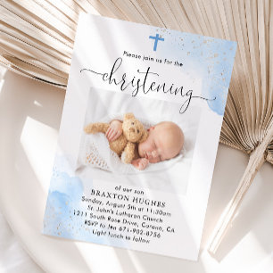 Blue and Silver Boy Christening Baptism Invitation
