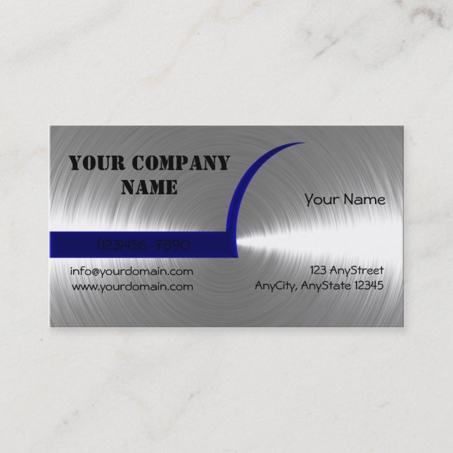 Blue and Silver Brushed Metal Business Card (Front)