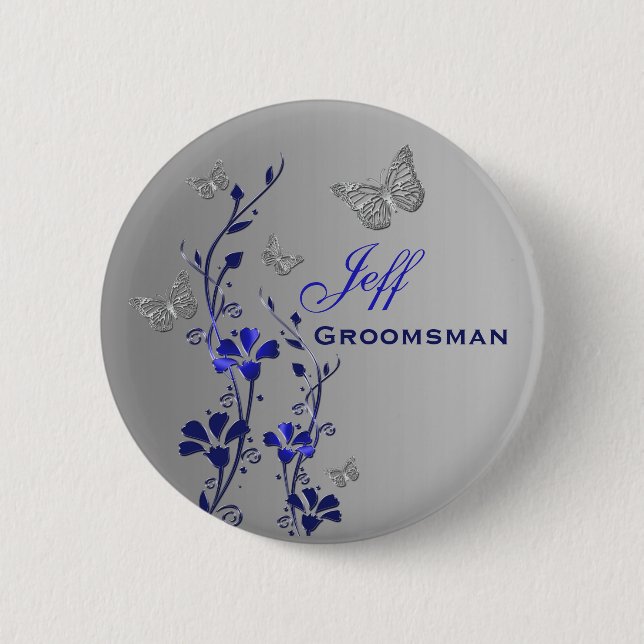 Blue and Silver Butterfly Floral Groomsman Pin (Front)