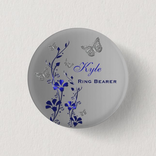 Blue and Silver Butterfly Floral Ring Bearer Pin (Front)