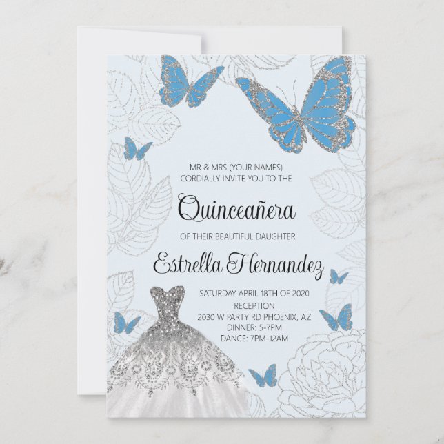 Blue and Silver Butterfly Quinceanera Invitation (Front)