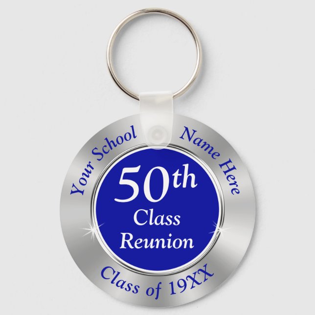 Blue and Silver, Cheap 50th Class Reunion Favours Key Ring (Front)