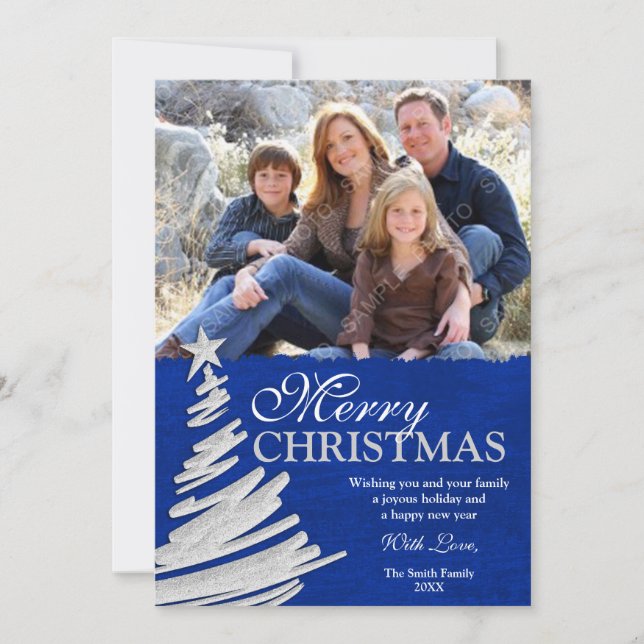 Blue and Silver Christmas Tree Holiday Photo Card (Front)