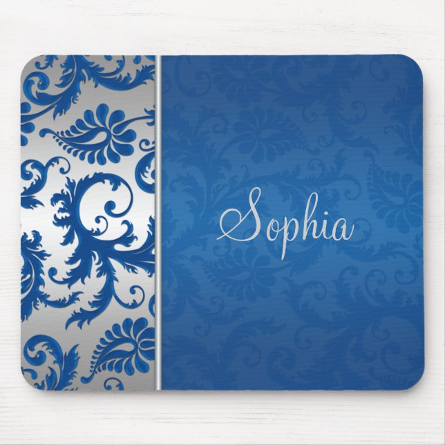 Blue and Silver Damask Mousepad (Front)