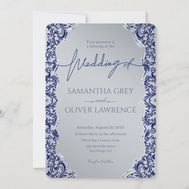 Blue and Silver Damask Wedding Invitation (Front)