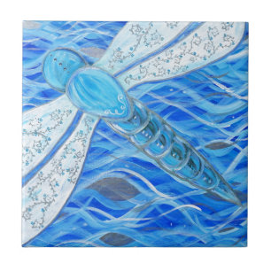 Blue and Silver Dragonfly Painting Tile
