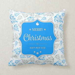 Blue and Silver Elegant Christmas Trees Pattern Cushion