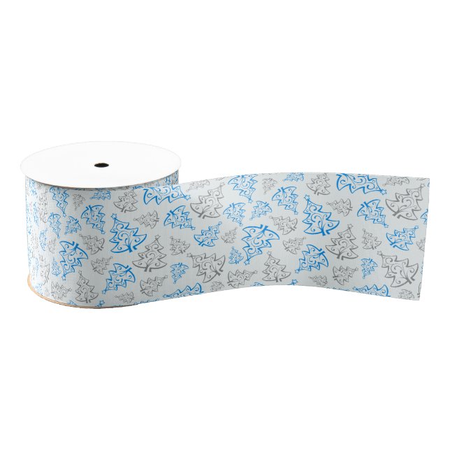 Blue and Silver Elegant Christmas Trees Pattern Grosgrain Ribbon (Spool)