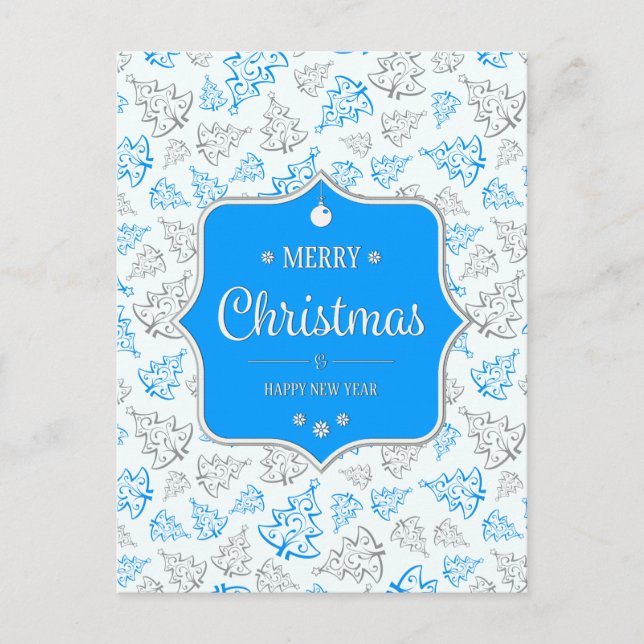 Blue and Silver Elegant Christmas Trees Pattern Holiday Postcard (Front)