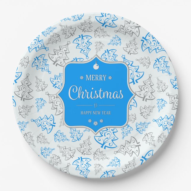 Blue and Silver Elegant Christmas Trees Pattern Paper Plate (Front)
