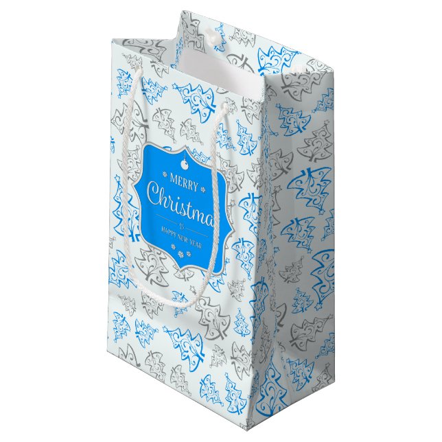 Blue and Silver Elegant Christmas Trees Pattern Small Gift Bag (Front Angled)