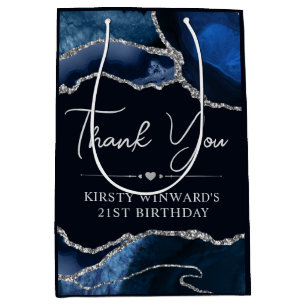 Blue and Silver Faux Glitter Agate Birthday Medium Gift Bag