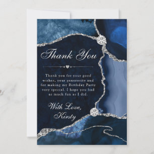 Blue and Silver Faux Glitter Agate Birthday Thank You Card