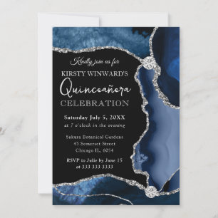 Blue and Silver Faux Glitter Agate Quinceanera Invitation