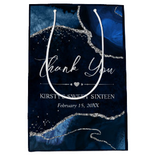 Blue and Silver Faux Glitter Agate Sweet 16 Medium Gift Bag