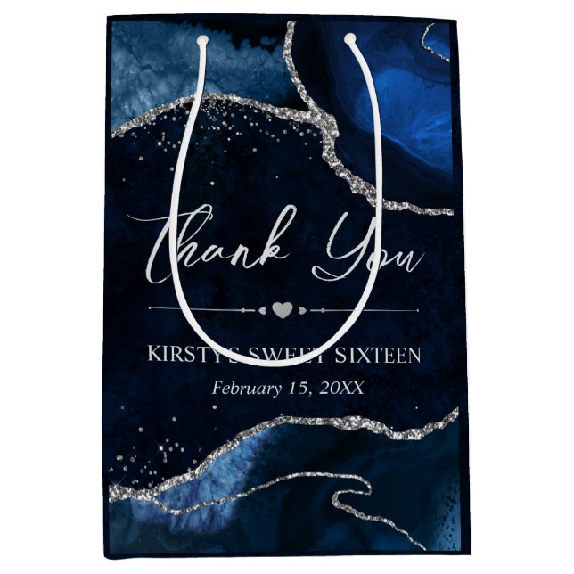 Blue and Silver Faux Glitter Agate Sweet 16 Medium Gift Bag (Front)