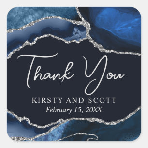 Blue and Silver Faux Glitter Agate Wedding Square Sticker