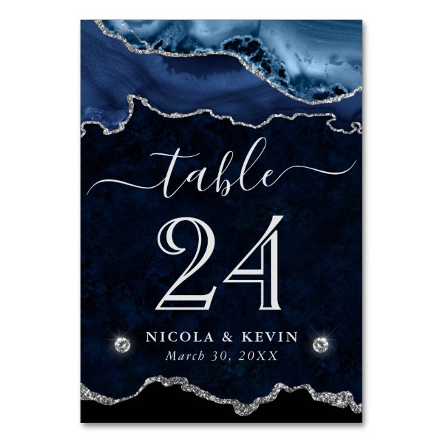 Blue and Silver Faux Glitter Agate Wedding Table Number (Front)