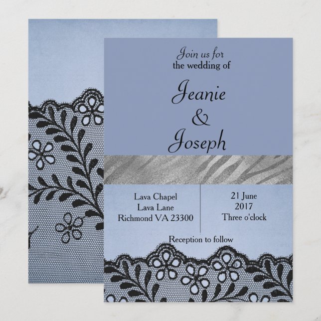 Blue and Silver Faux Lace Wedding Invitation (Front/Back)
