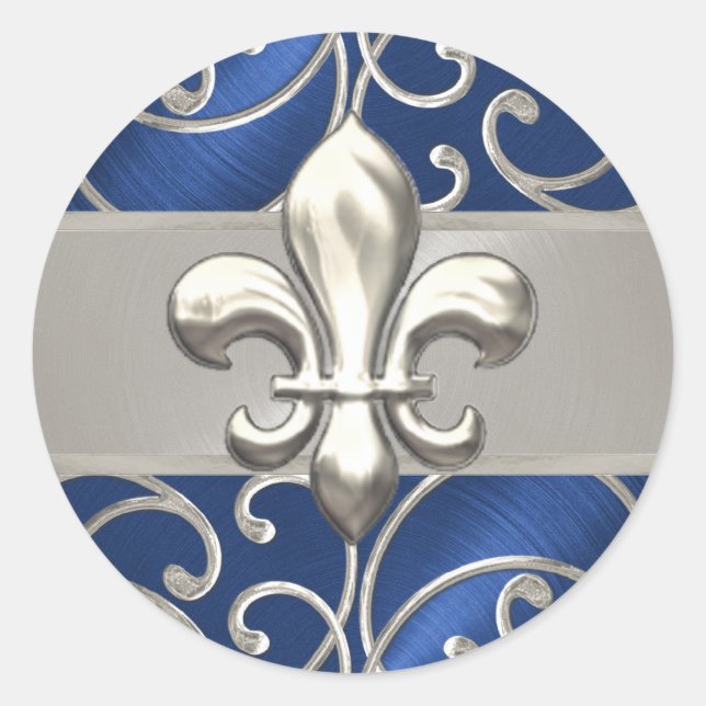 Blue and Silver Filigree Swirls Fleur de Lis Classic Round Sticker (Front)
