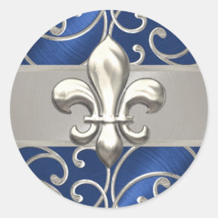 Blue and Silver Filigree Swirls Fleur de Lis Classic Round Sticker