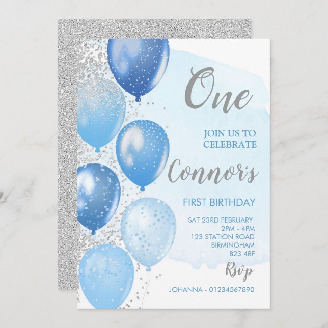 Blue and Silver First Birthday Invitation (Front/Back)