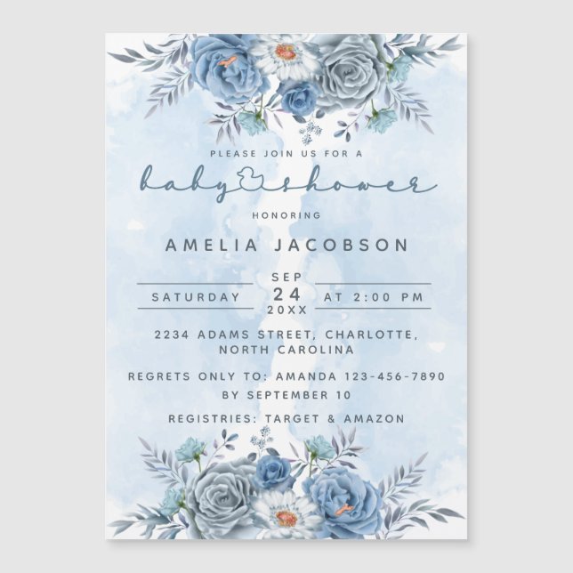 Blue and Silver Floral Baby Shower Magnet Invite (Front)