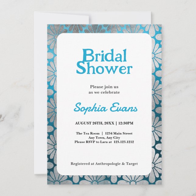 Blue and Silver Floral Border Bridal Shower Invitation (Front)