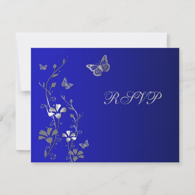 Blue and Silver Floral with Butterflies Reply Card (Front)