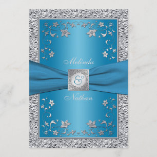 Blue and Silver Foil Monogram Wedding Invitation