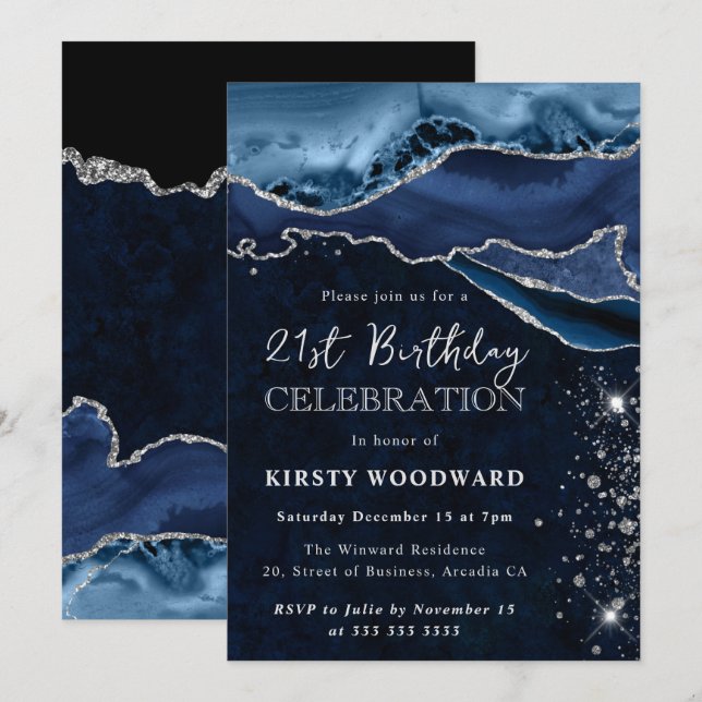 Blue and Silver Glitter Agate 21st Birthday Invitation (Front/Back)