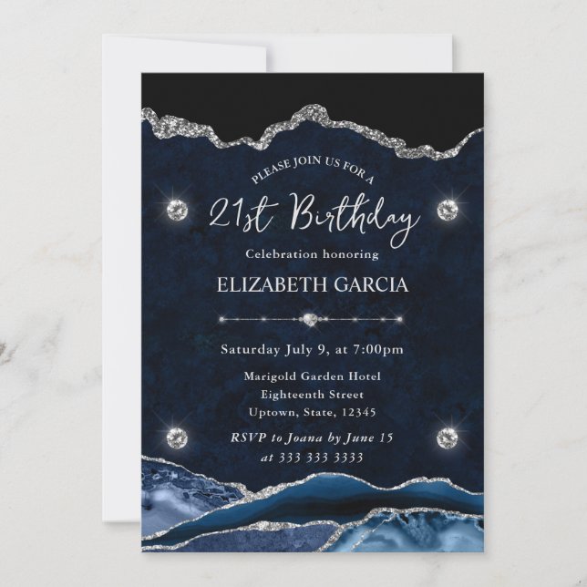 Blue and Silver Glitter Agate 21st Birthday Invitation (Front)
