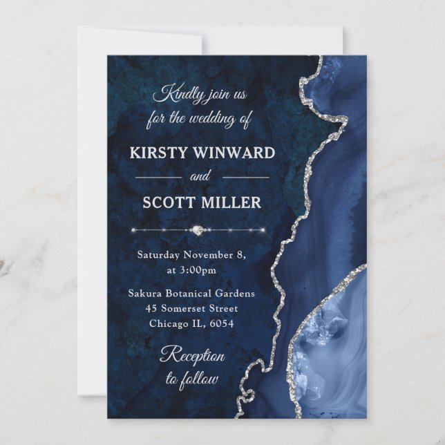 Blue and Silver Glitter Agate and marble Wedding Invitation (Front)