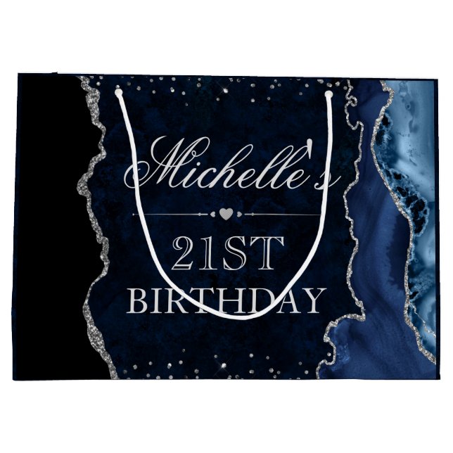 Blue and Silver Glitter Agate Birthday Large Gift Bag (Back)