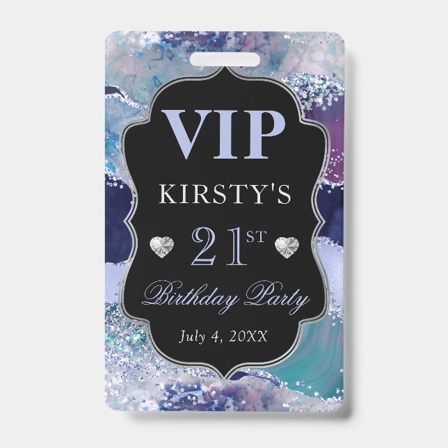 Blue and Silver Glitter Agate Birthday VIP ID Badge (Front)