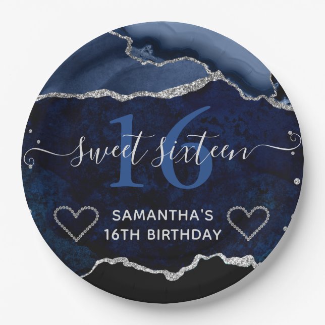Blue and Silver Glitter Agate Marble Sweet 16 Paper Plate (Front)