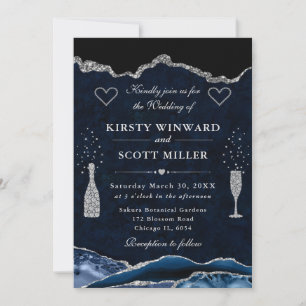 Blue and Silver Glitter Agate Wedding Invitation