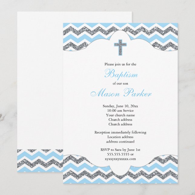 Blue and Silver Glitter Boy Baptism Christening Invitation (Front/Back)