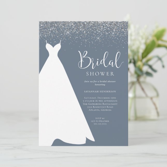 Blue and Silver Glitter Bridal Shower Invitation (Standing Front)