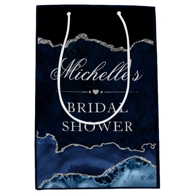 Blue and Silver Glitter Marble Agate Bridal Shower Medium Gift Bag (Front)